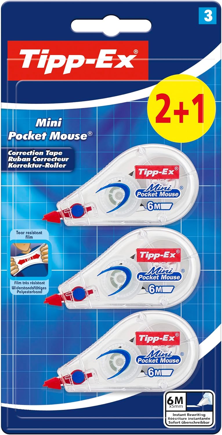 Tipp-Ex Mini Pocket Mouse Correction Tape - Pack of 3 (2+1 Extra), White